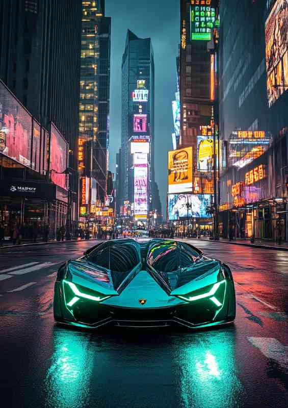 Lamborghini hypercar with elements of green city lights