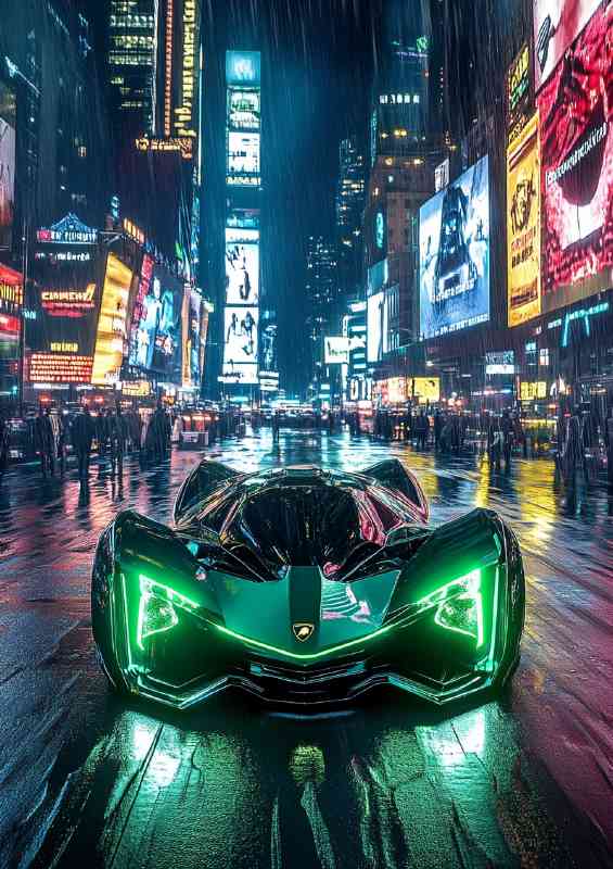 Photograph of the Lamborghini concept car in the ciry at night