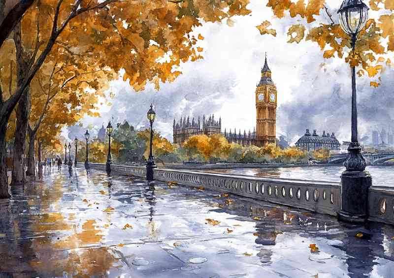 Watercolour photorealistic illustration London daytime rain