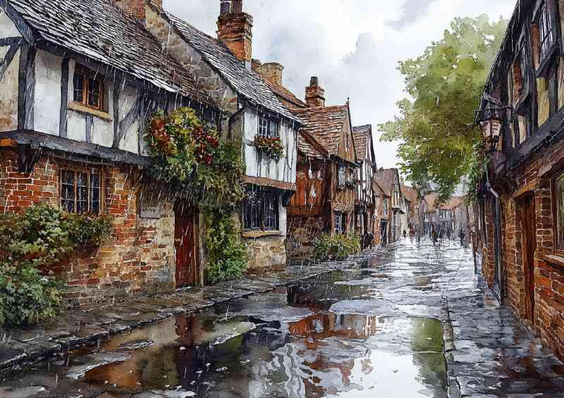 Watercolour photorealistic illustration York cobbled streets