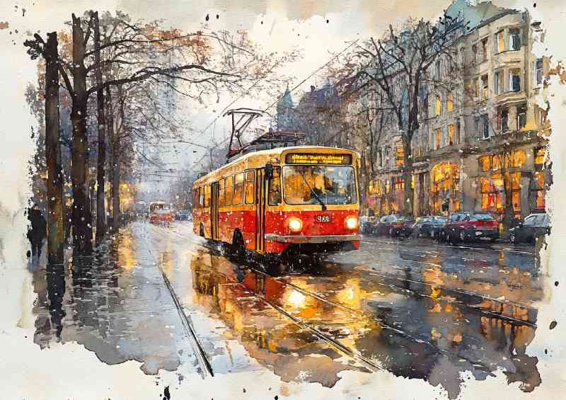 Whimsical Watercolour photorealistic old school tram