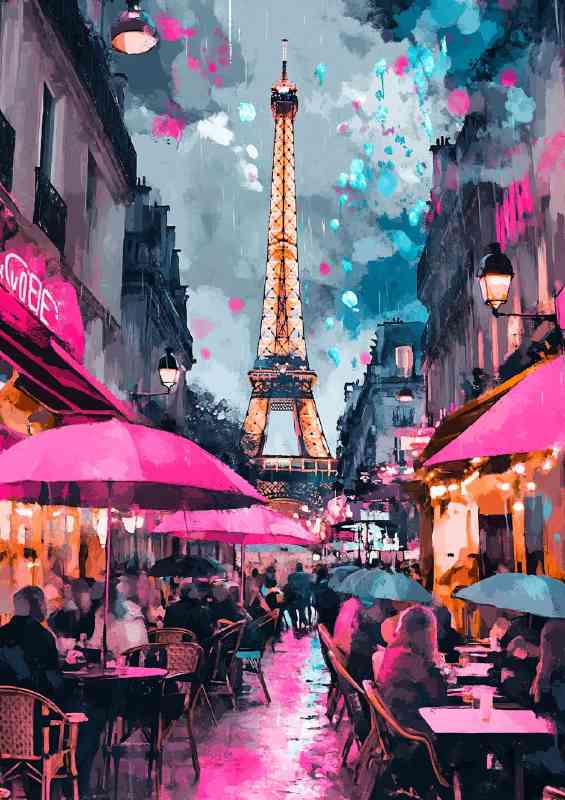 A painting of the Eiffel Tower in Paris with people