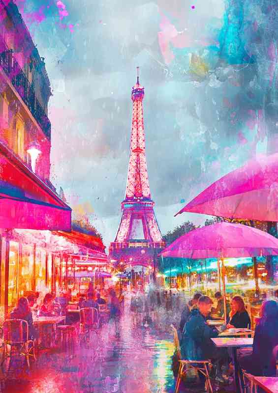 A painting of the Eiffel Tower in Paris with people pinks