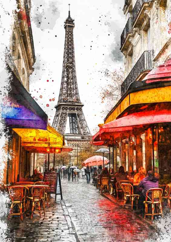 Paris the Eiffel Tower in the background a cafe splatter art