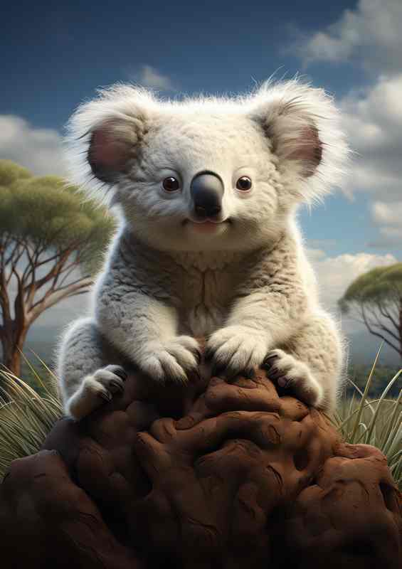 A little koala sitting on grass in the desert