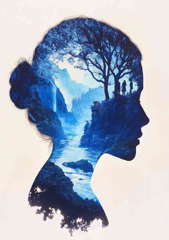 Beautiful womans face in profile is depicted deep forest