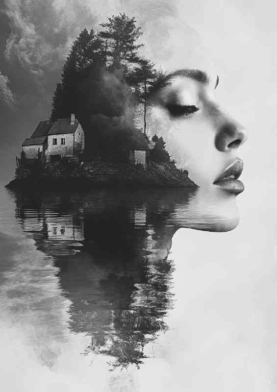 Double exposure lady in the lake