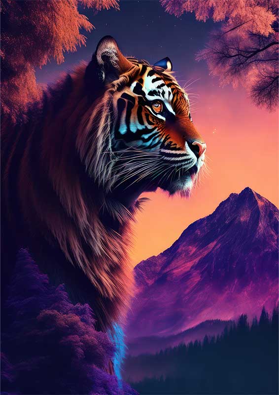 Creative a tiger profile with trees and mountains