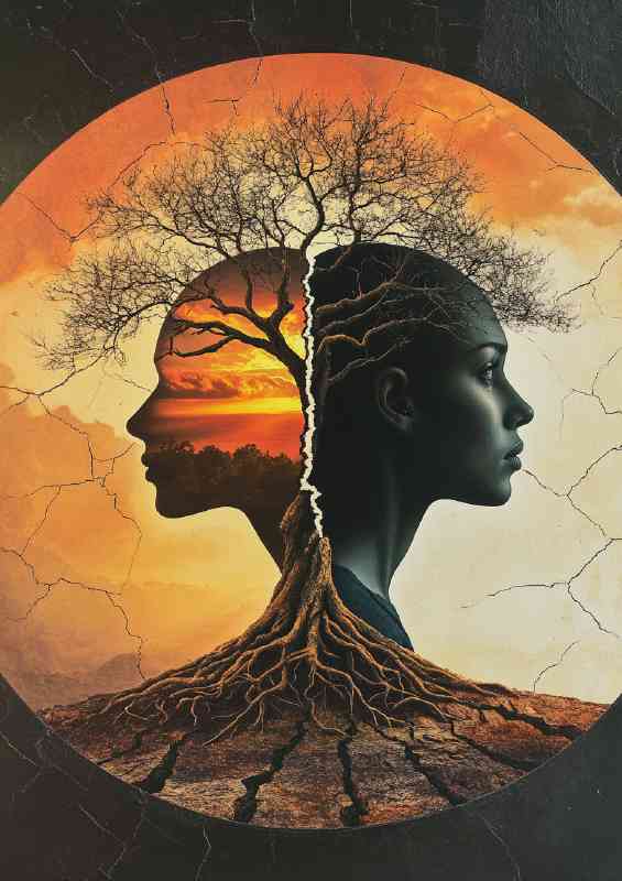 Man and woman stand with their backs to each other tree life