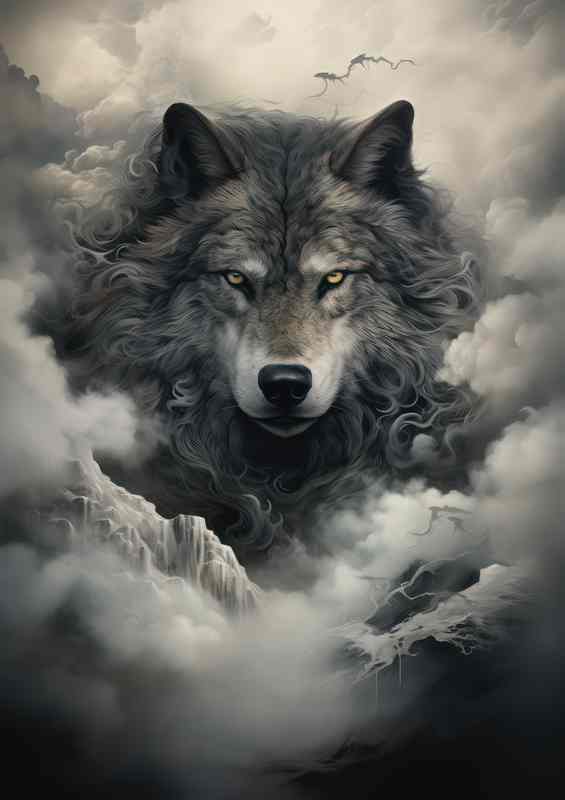 Black and white wolf surrounded by mist and fog