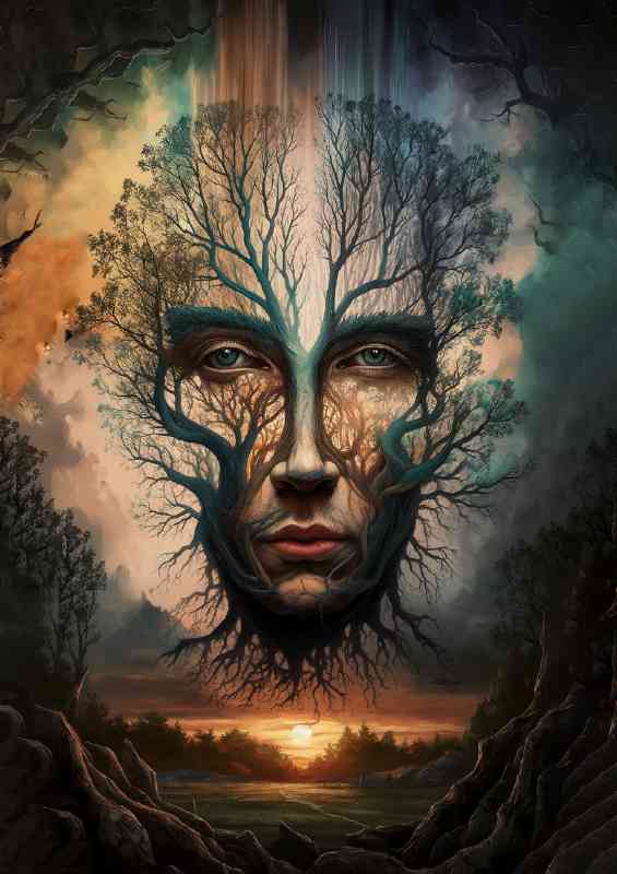 Surrealist embracing the face and the trees