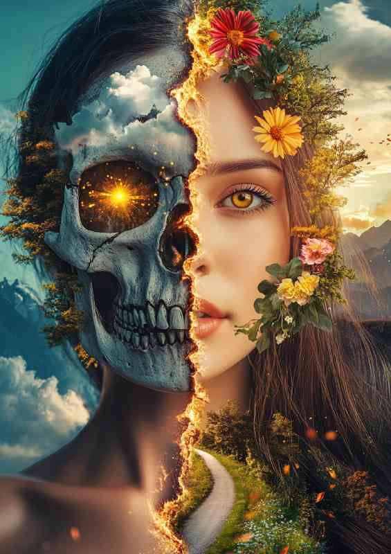 Woman with half of her face as an ancient skull