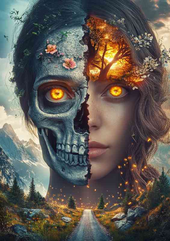 Woman with half of her face as an ancient style