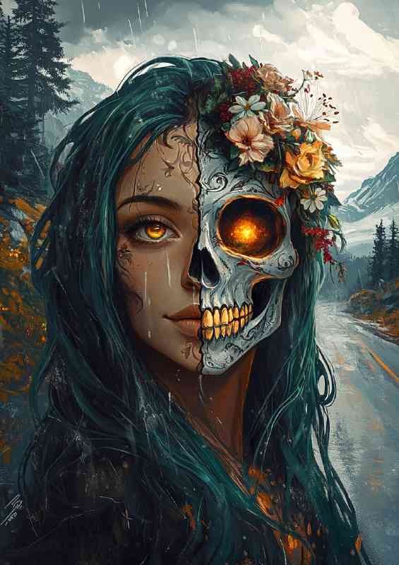 Woman with half of the face as a skull day of dead