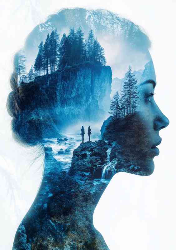 Womans face in profile is depicted river flowing