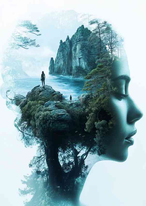 Womans face in profile is depicted rocks and riverand