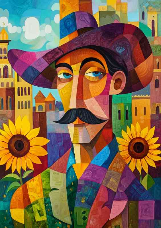 A cubist painting of a handsome man with a mustache