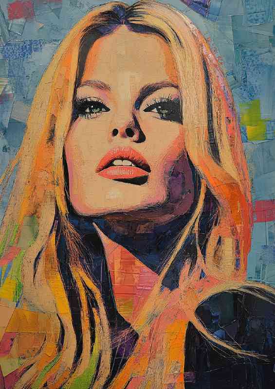 A portrait of Brigitte Bardot made with colorful paint style