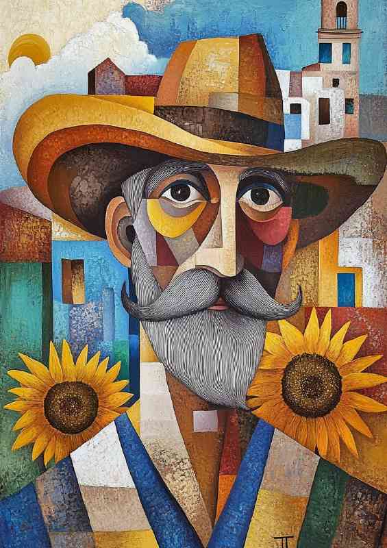 A portrait of Picasso in his hat and moustache sunflowers