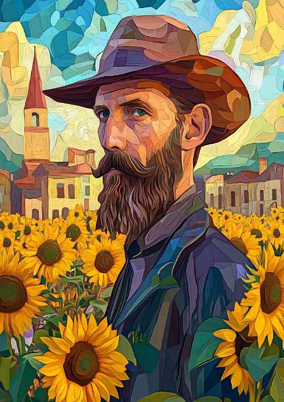 A portrait of the writer Dostoevsky in a field of sunflower