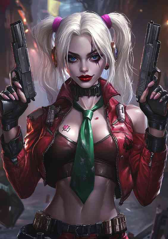 Harley Quinn holding two guns