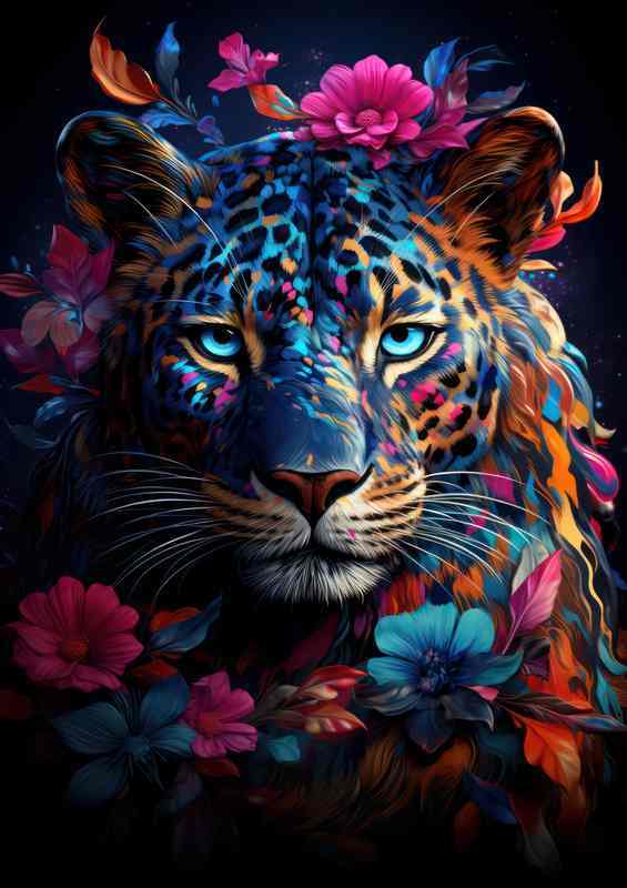 Colorful Leopard with Blue Eyes & Flower Surroundings