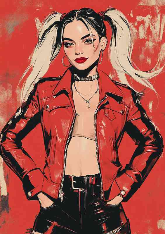 Harley Quinn in a red pop art style