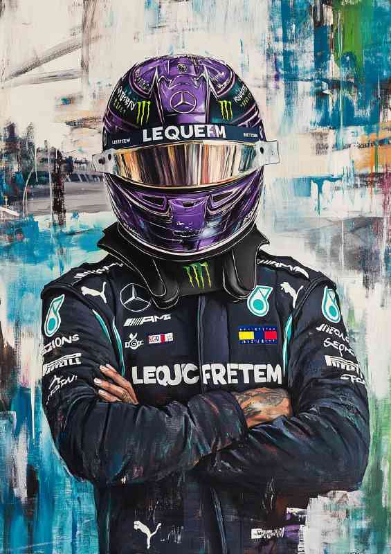Painting of Lewis Hamilton wearing his black and purple
