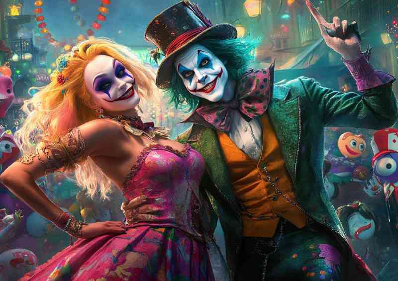 The Mad Hatter and Harley Quinn in the background fairground