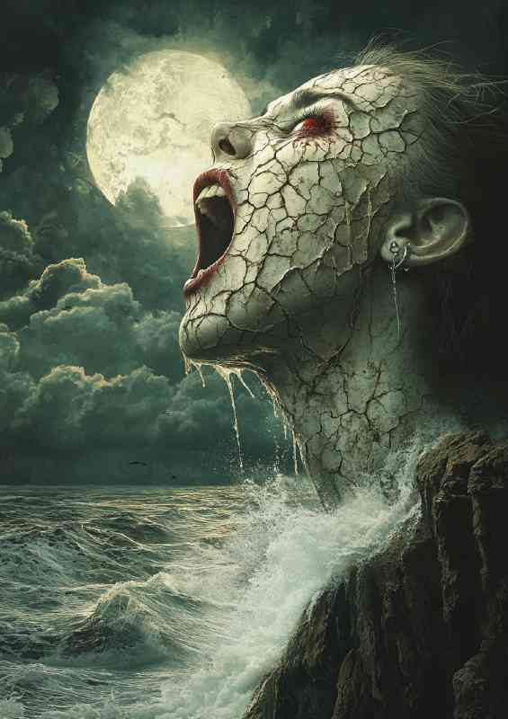 Evil woman with cracked skin and red eyes