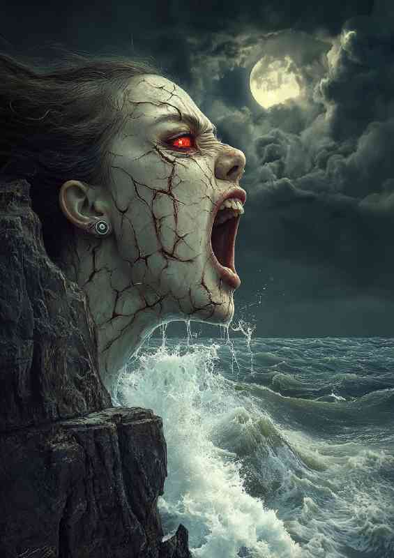 Evil woman with cracked skin and red eyes is looking out to sea
