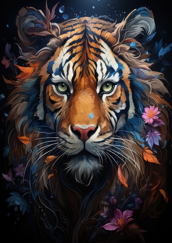 Colourful majestic Tiger surrounded by flowers