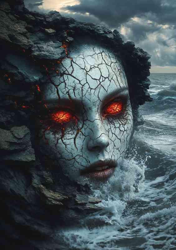 Horror art depicting a woman with cracked skin