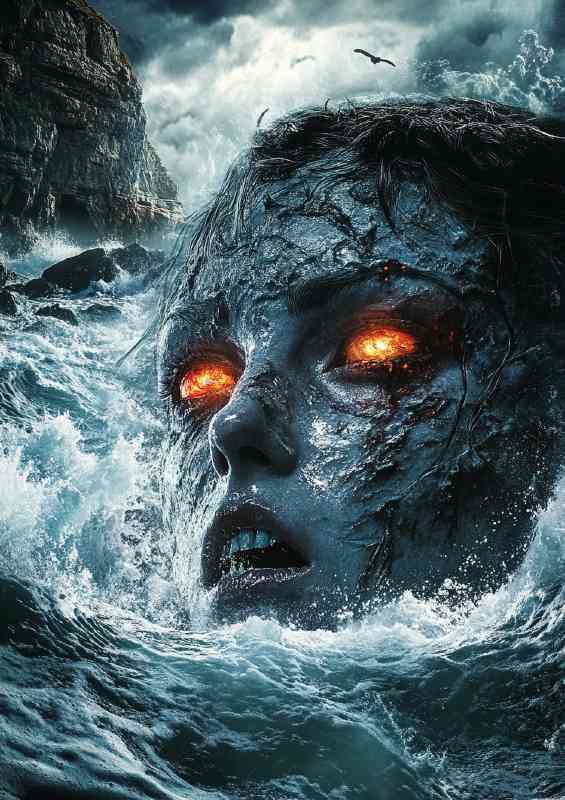 Horror art depicting a woman with cracked skin and glowing eyes