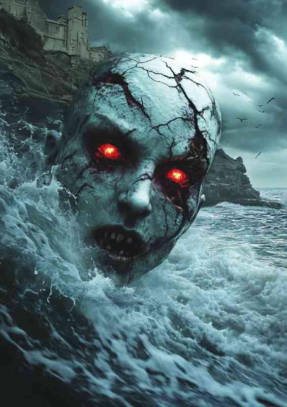 Horror art depicting a woman with cracked skin and red eyes