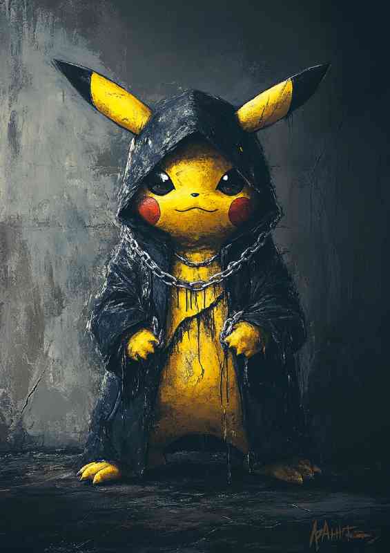 Pikachu wearing a black and yellow hooded coat