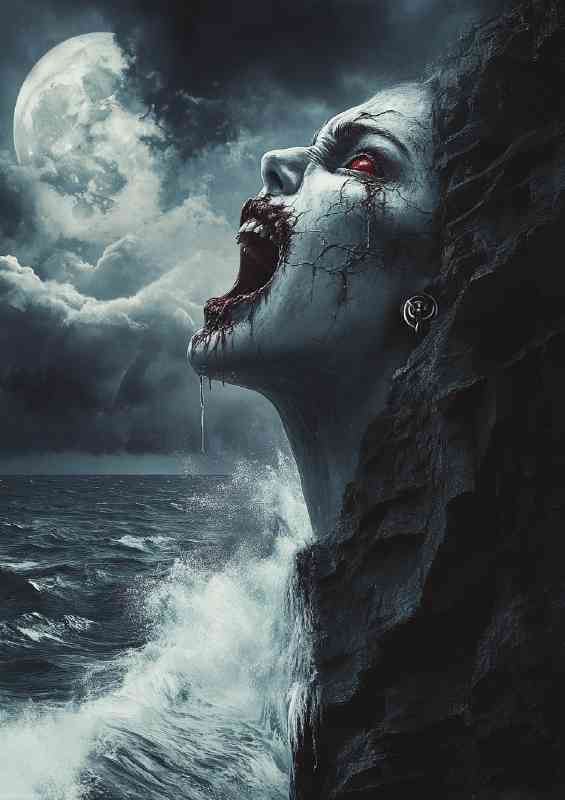 Woman with cracked skin and red eyes is looking over the sea