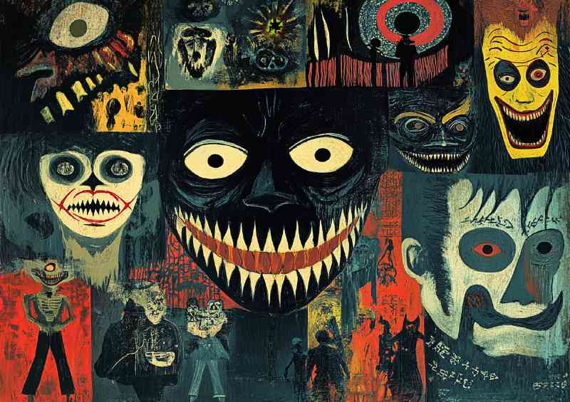 A collage of various masks and symbols representing darkness