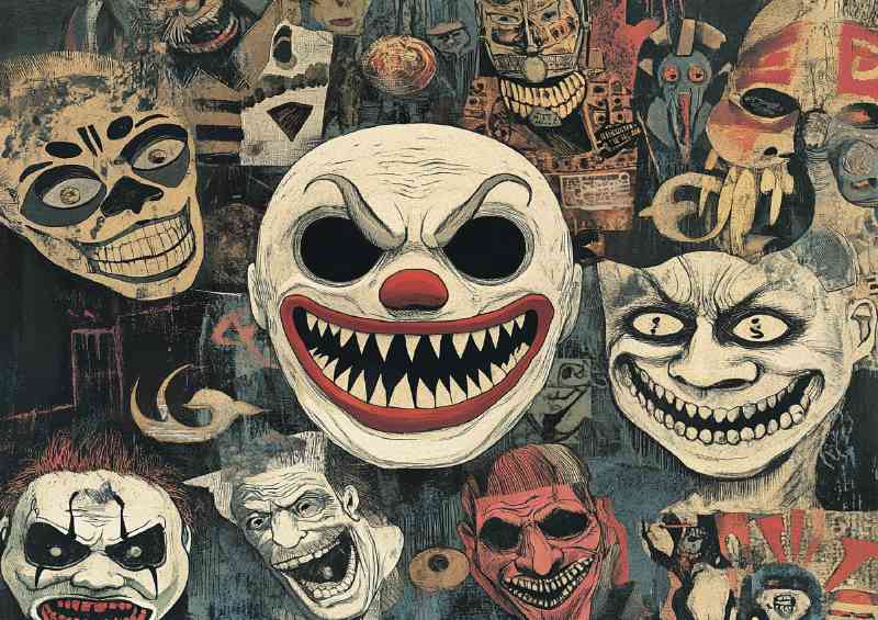 A collage of various masks and symbols representing horror