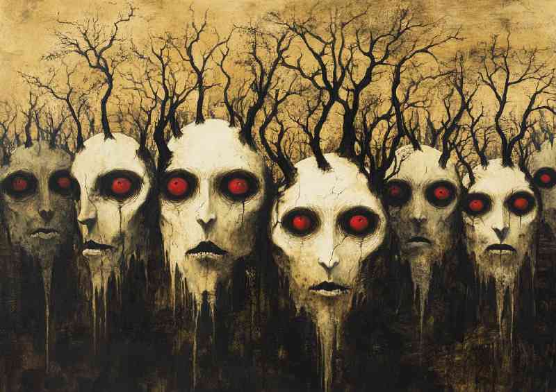 Painting depicting numerous red eyes and white faces