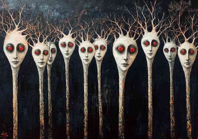 Painting depicting numerous red eyes and white long heads