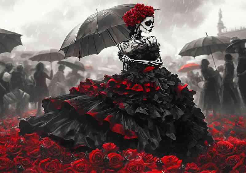 Skeletal woman wearing an elaborate black and red roses