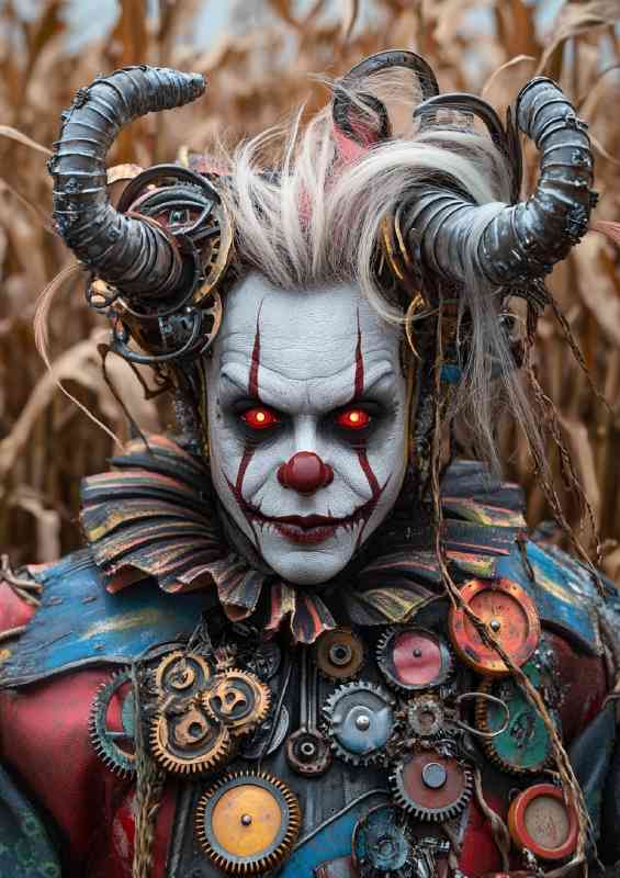 A realistic photo of an insane clown wearing a colorful outfit