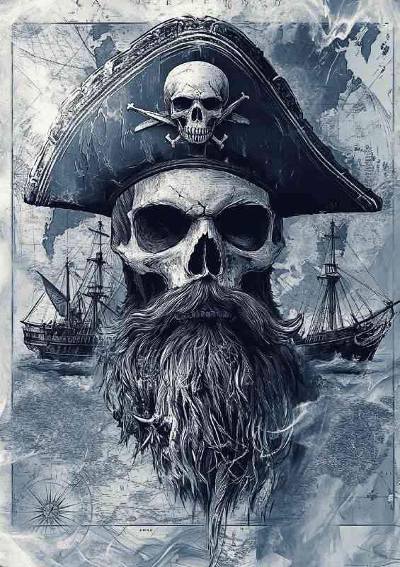 A skull with a pirate hat and beard a black sailing