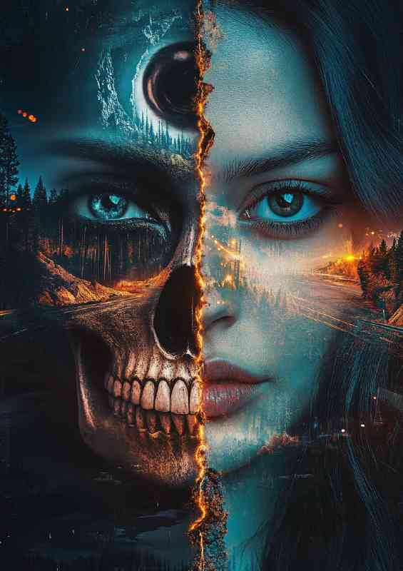 Beautiful woman with half of her face as a skull