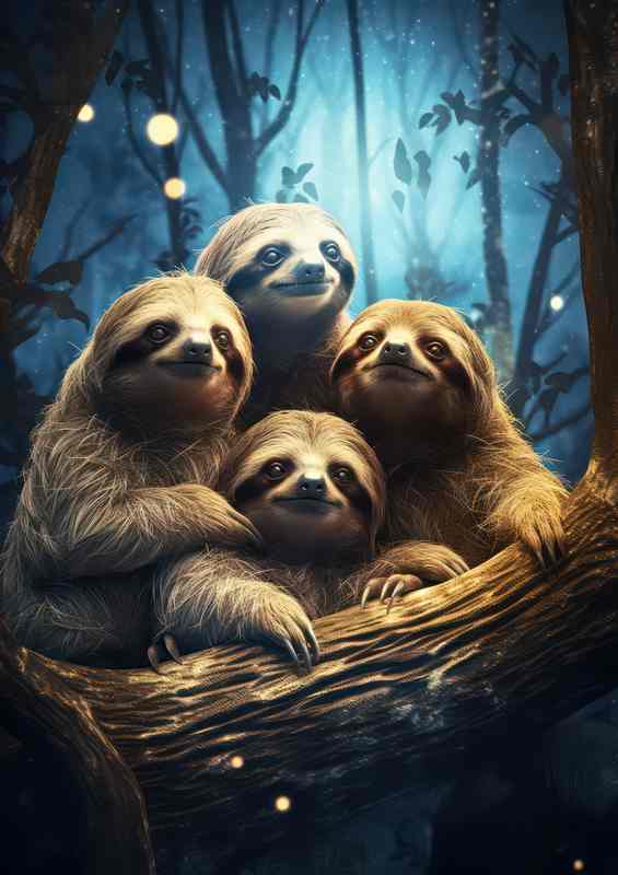 Four Sloths together on a branch in the night time