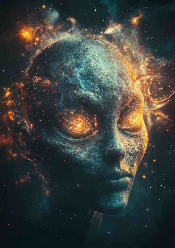 Ethereal portrait of an alien being with cosmic elements