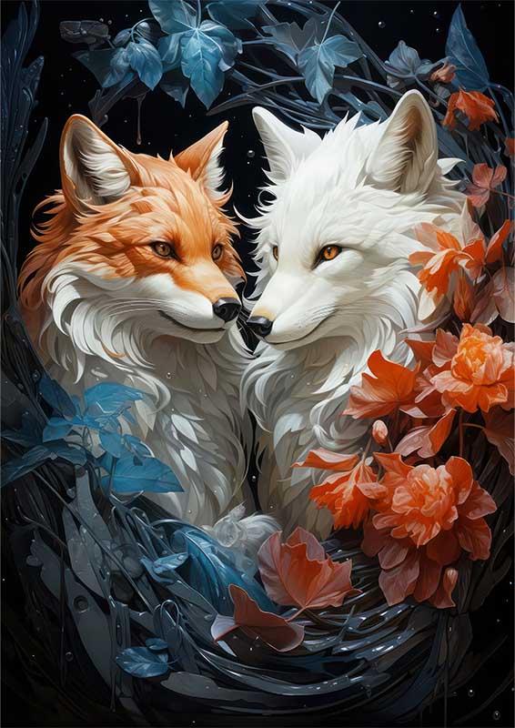 Foxes in love surrounded by flowers