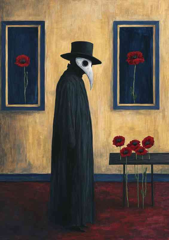 Painting of the plague doctor standing in front of the flowers