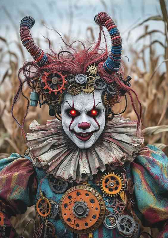 Photo of an insane clown with red eyes